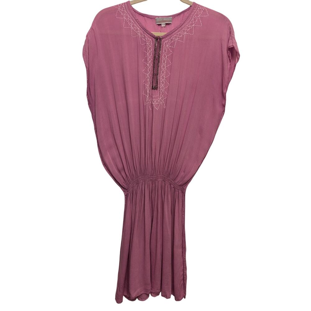 Ibiza Bagus Blouson Mini Dress Pink Beaded Neck Rayon Boho Lagenlook Lightweight